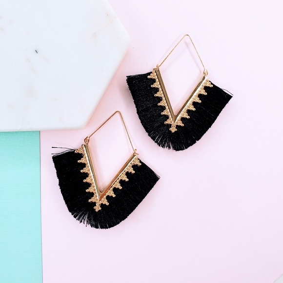 5 for $25 Black Triangle Fringe Tassel Earrings - Picture 5 of 7